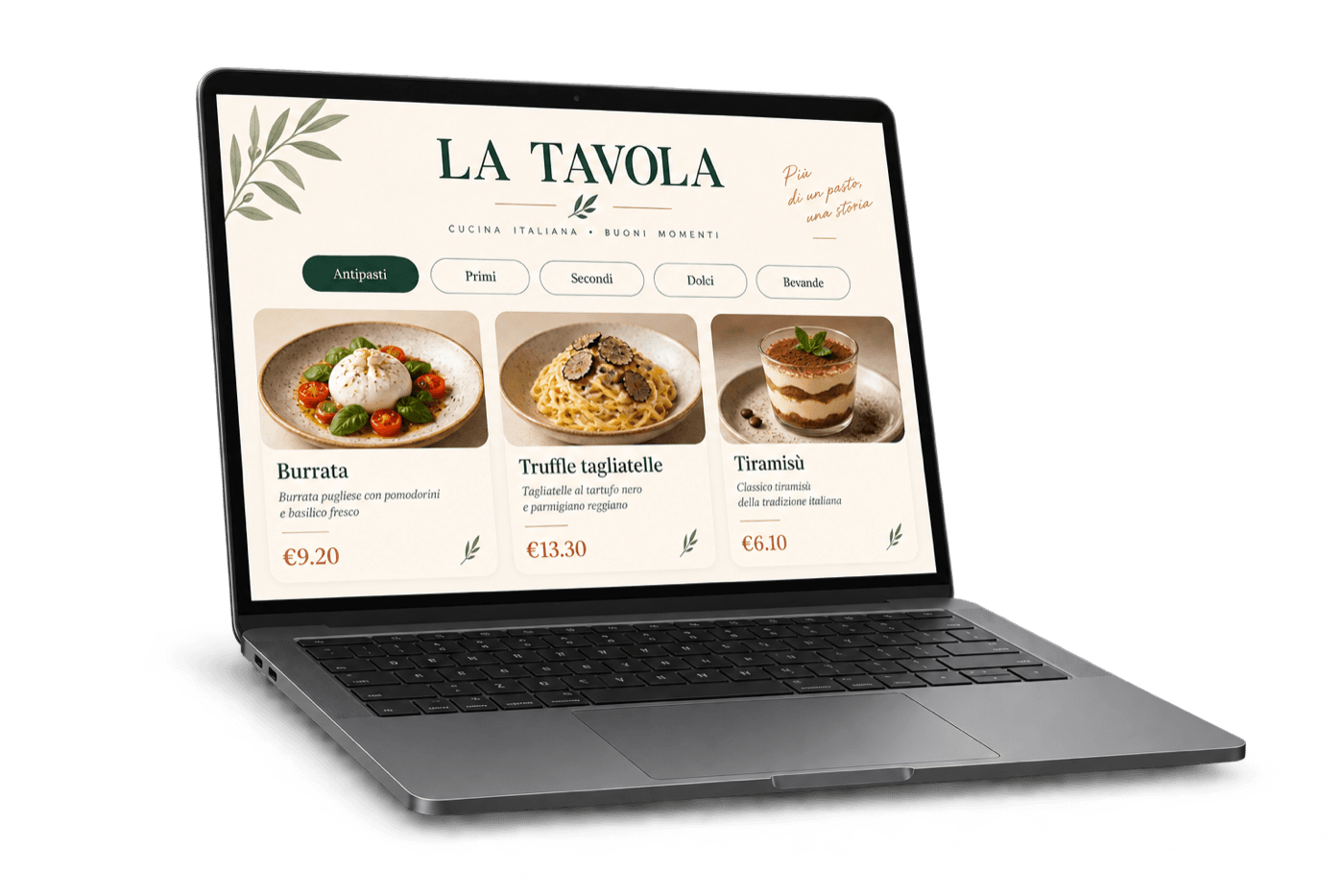 3D laptop displaying an elegant restaurant menu with euro prices